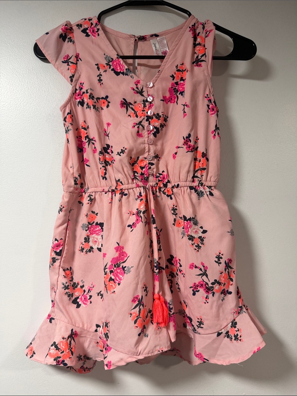Girls Pink Floral Ruffle Hem Romper with Tassel Tie